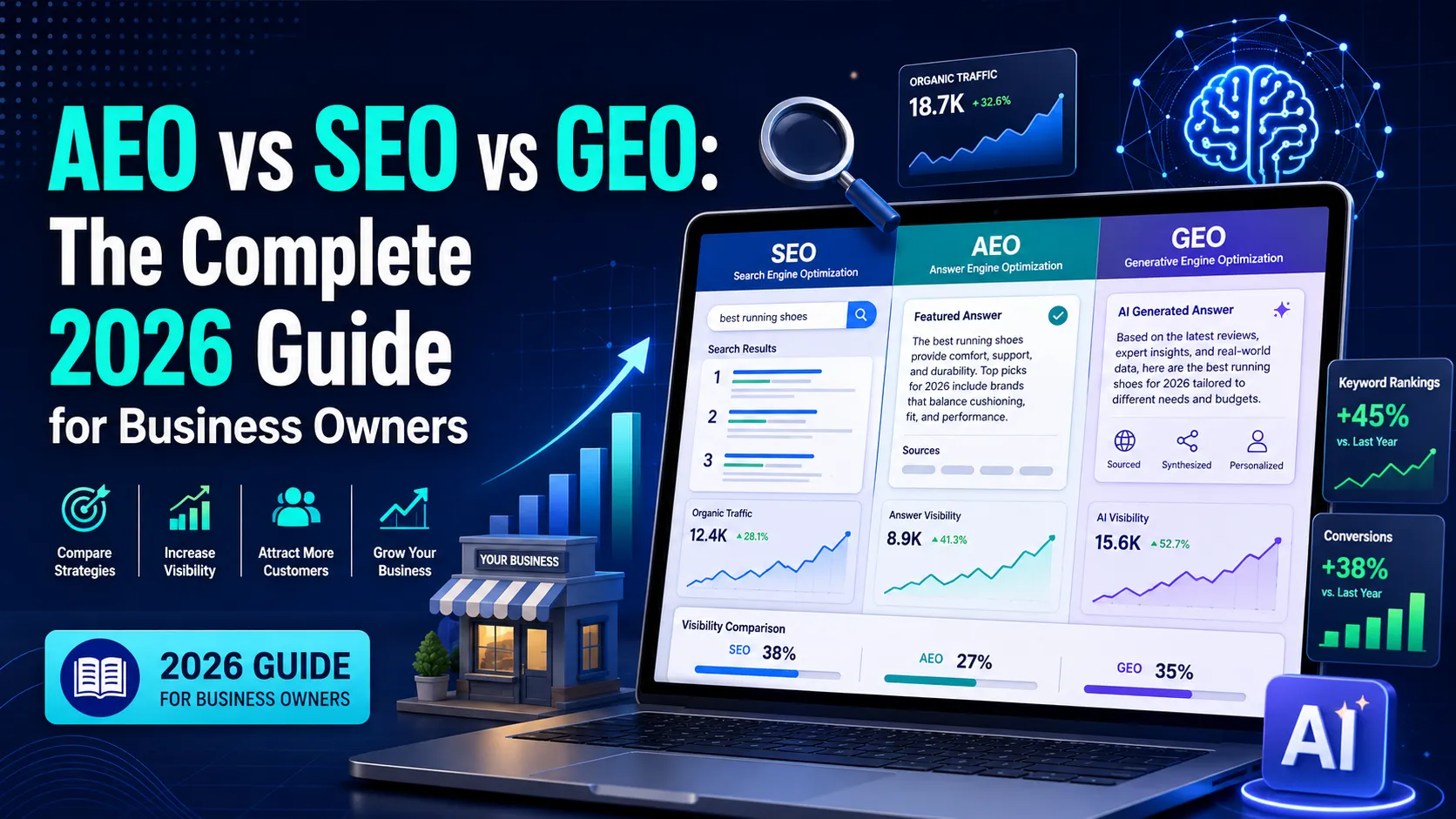 AEO vs SEO vs GEO: The Complete 2026 Guide for Business Owners