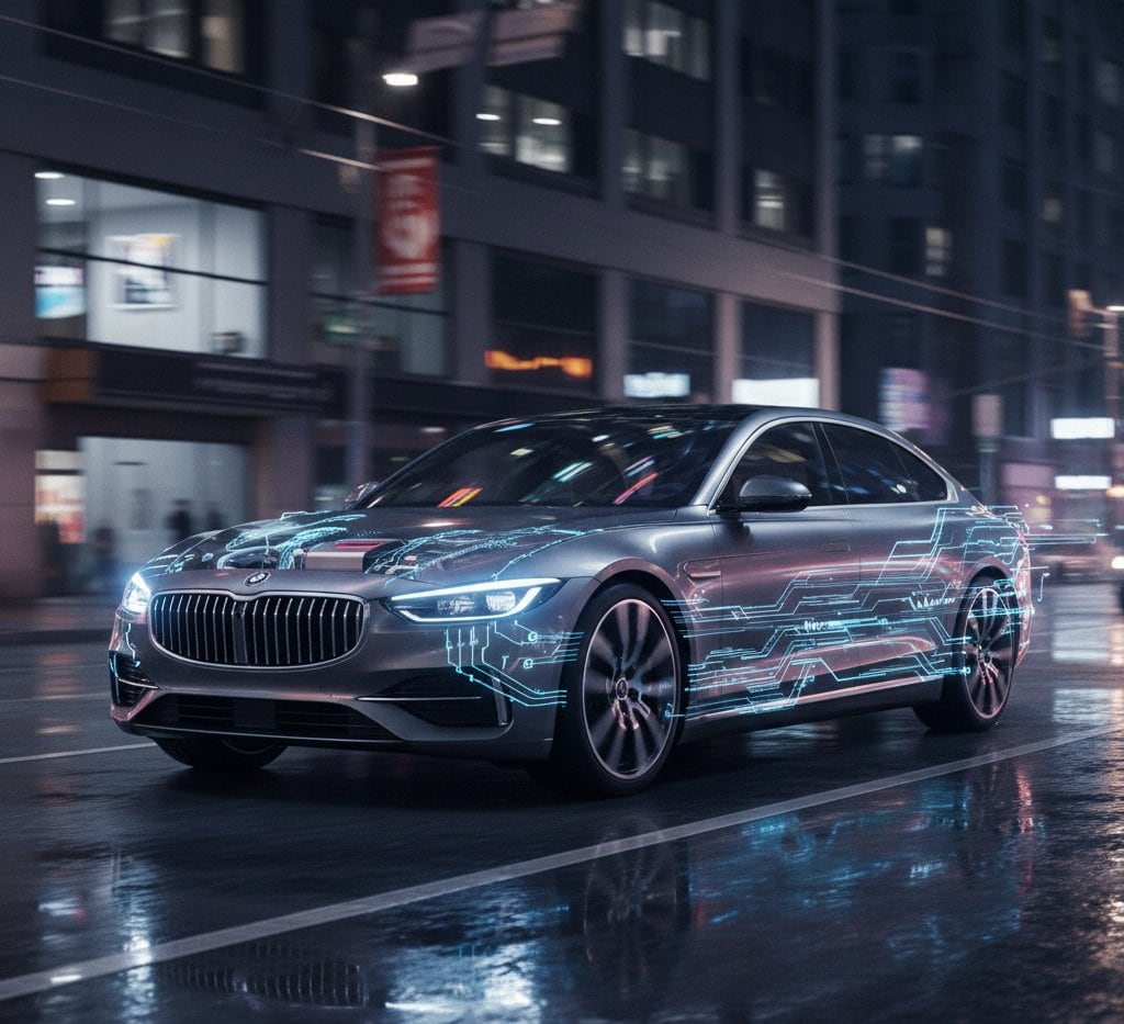 Silver sedan on a wet city street at night, overlaid with glowing circuit traces that follow the contours of its bodywork